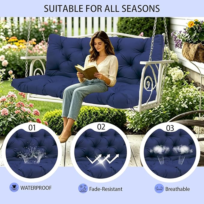 5 Inch Thick Waterproof Patio Porch Swing Cushions, 60x40 Inch 3 Seater Replacement Cushion with Backrest & 8 Ties, Fade-Resistant Outdoor Bench Swing Pad, Navy Blue