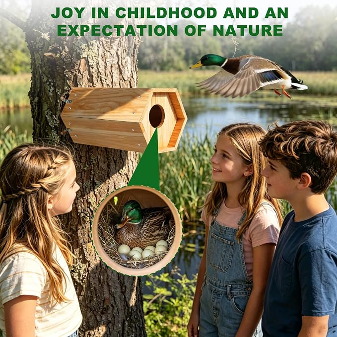 Mallard Nesting Box, Wood Duck House for Outdoor Hexagonal Large Duck House with Dual Entrances for Ponds, Wetlands, Backyards 19.7 X 10.2 X 10.2 Inches