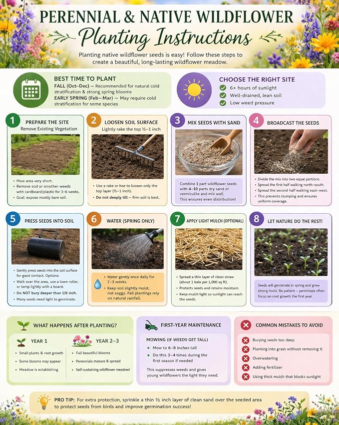 Alabama Bulk Perennial Wildflower Seed Mix 1lb Covers 2,000sq-ft - Attract Pollinators, Multi-Color Blooms - Southeast US Species Plant in Spring/Fall, Earth-Friendly Packaging (1 Pound)