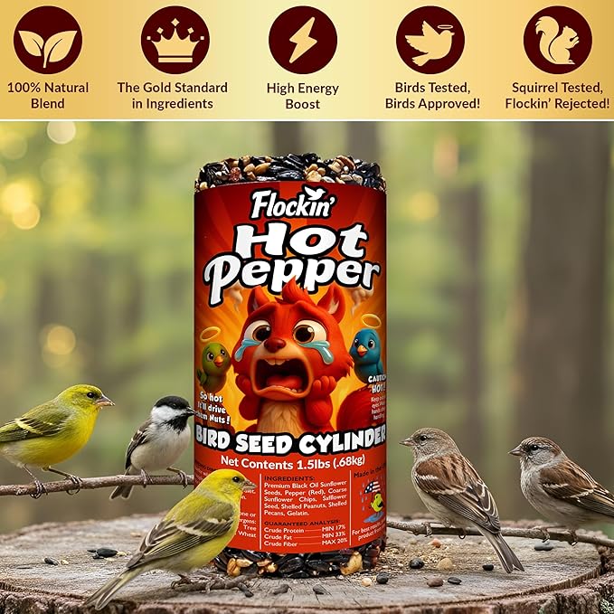 Flockin' Hot Pepper Bird Seed Cylinders with Hole – Spicy Birdseed to Reduce Squirrels – Bird Seeds for Outside Wild Birds – No Mess Birdseed – Hot Bird Seed, No Filler – USA Made (4" x 7.75") 2 Pack