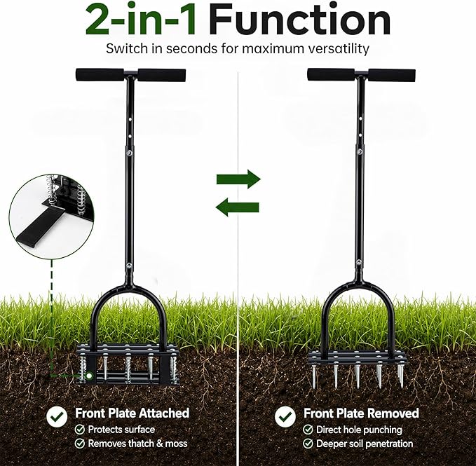 Lawn Aerator - 2-in-1 Manual Aerator with Automatic Dirt and Leaf Clean, Heavy-Duty Reinforced 15 Spikes & Ergonomic T-Handle for Lawn Maintenance, Garden Care, Yard Work (Black)