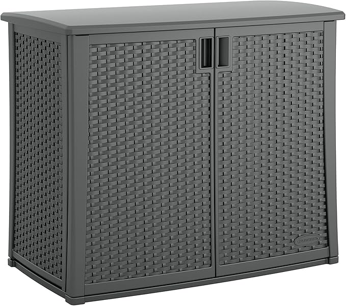 Suncast 42" W x 23" D x 35.5" H Outdoor Storage Cabinet and 33 Gallon Resin Trash Can Bundle, Cool Gray