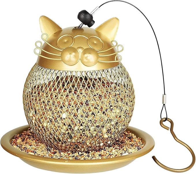 CEDAR ALPHA Cat Grandpa Wild Bird Feeder Squirrel Proof Hanging Bird Feeder for Outside, Peanut and All Kinds of Seeds,Yard Garden Decor,Set of 2, Color: Gold