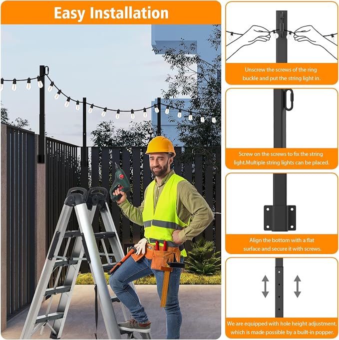 Mutovlin 6 Pack String Light Poles,2.8Ft Light Poles for Outside String Lights,Outdoor Lights Pole with Fork,Metal Poles Stand for Patio Deck Backyard