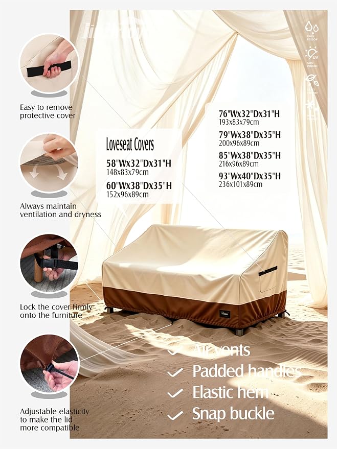 JinHrtoyi 2-Seater Patio Loveseat Cover, 60Wx38Dx35H inches Outdoor Furniture Covers Waterproof,100% Waterproof Heavy Duty Patio Furniture Covers,Beige&Brown Modern Style Outdoor Couch Cover
