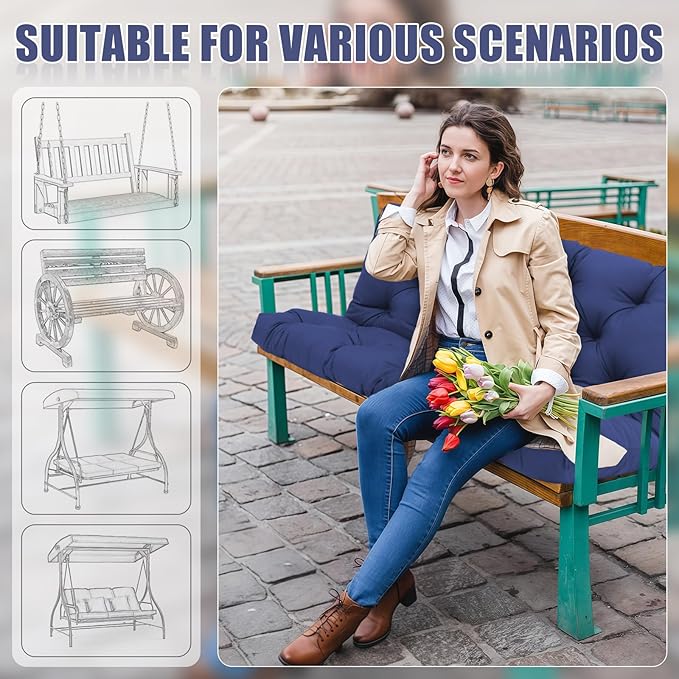 Porch Swing Cushions 2 Seater Replacement Thicken 5" Waterproof Swing Cushions for Outdoor Furniture Bench Patio Swing Cushion with Backrest & Ties(Navy Blue 48x40x5inch)