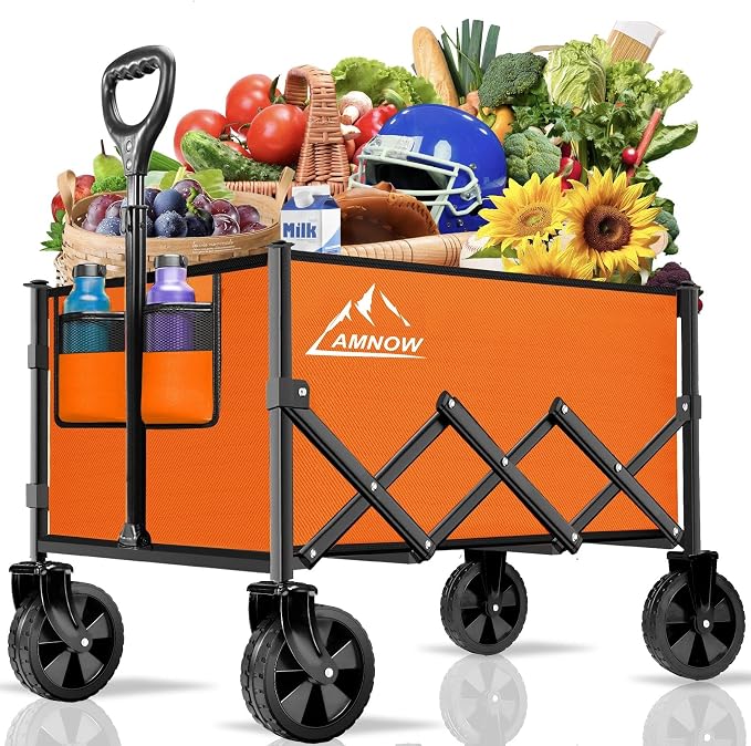 Collapsible Folding Wagon Cart, 350LBS Utility Large Capacity Cart Foldable Wagon with All Terrain Wheels, Grocery Wagons Carts for Garden Shopping Sports Camping, Bright Orange