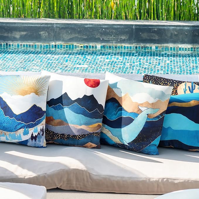 Premillow Outdoor Pillow Covers 18x18 Inch Set of 4, Sunset Blue Hill Decor Throw Pillow Covers Outside Waterproof Pillow for Patio Furniture Bench Chair Couch Sofa