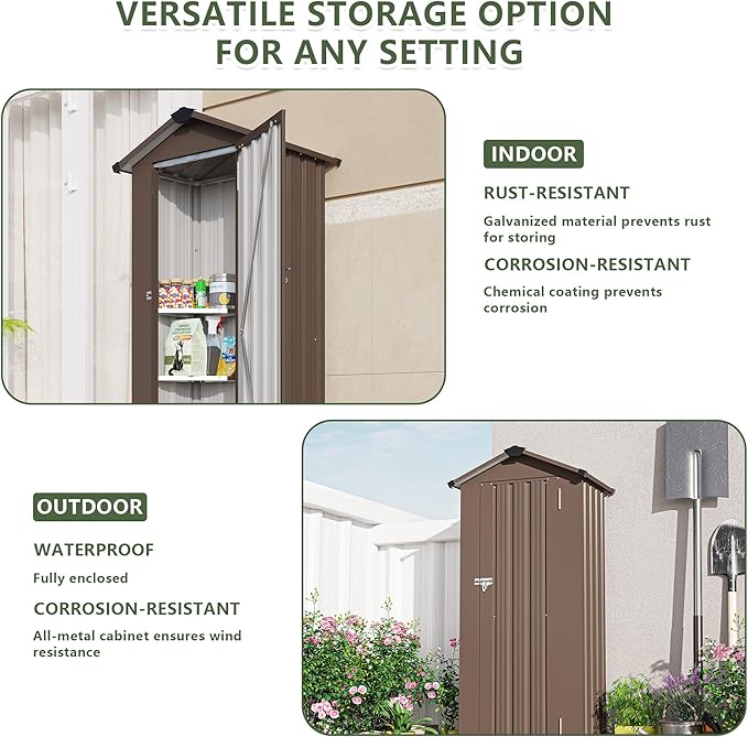 KEIKI Small Outdoor Storage Shed 2.5’ x 1.4’, Metal Lockable Tool Cabinet with Sloping Roof, Waterproof Vertical Garden Storage for Patio Backyard Lawn, Brown
