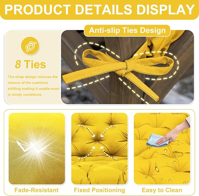 Porch Swing Cushions 60 inch Waterproof & Fade Resistant Thicken 5" Outdoor Swing Cushions 3 Seater Replacement with Backrest & Ties Patio Swing Cushions for Outdoor Furniture (Yellow)