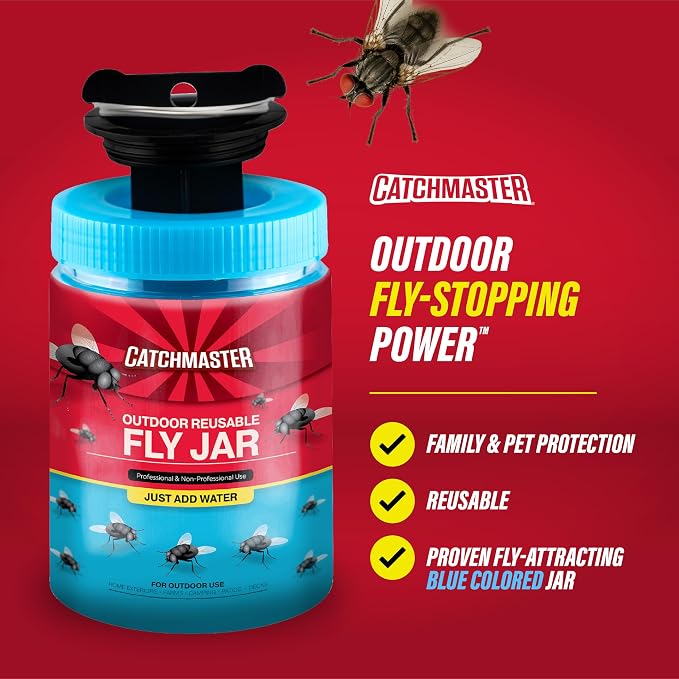 Catchmaster Reusable Outdoor Fly Trap, 2 Hanging Blue Jars with Bait | Catches All Species of Fly, Fly Traps Outdoor w/ Food-based lure, Odor Attracts Flies Away From People, Refill & Reuse