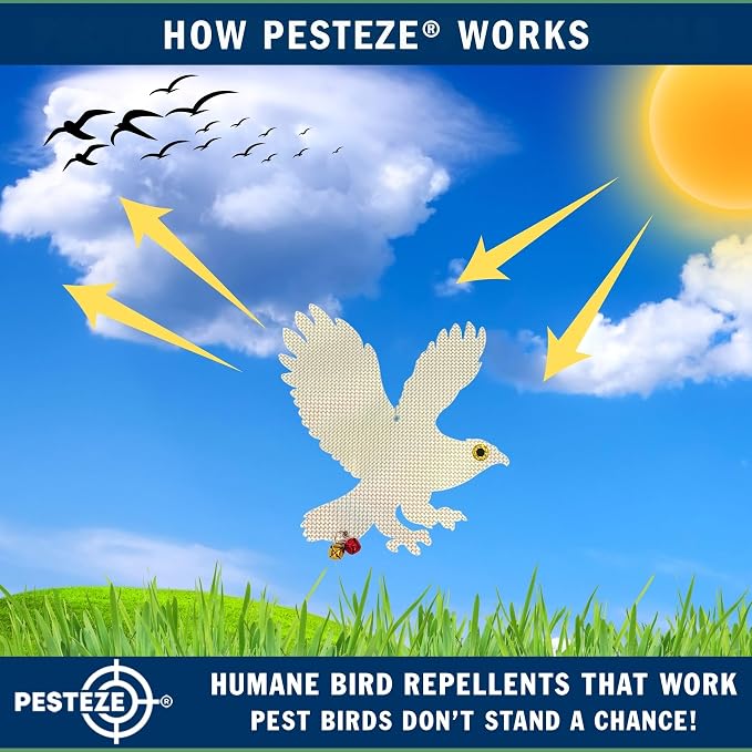 PESTEZE USA Owl Bird Repellent Holographic Decoy with 2 Bells [12.5 × 16 in] Uses Reflective Shine and Sound to Deter Woodpeckers, Pigeons, Crows, Ducks, Geese & Outdoor Pests Safely Around Your Home