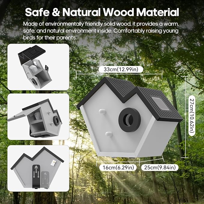 Wooden Bird House with Camera, 2K HD WiFi Smart Bird Feeder with AI Identify Birds Species & LED Light, Instant Alerts with Solar Powered Wireless Outdoor Birdhouse, Gifts for Bird Lovers