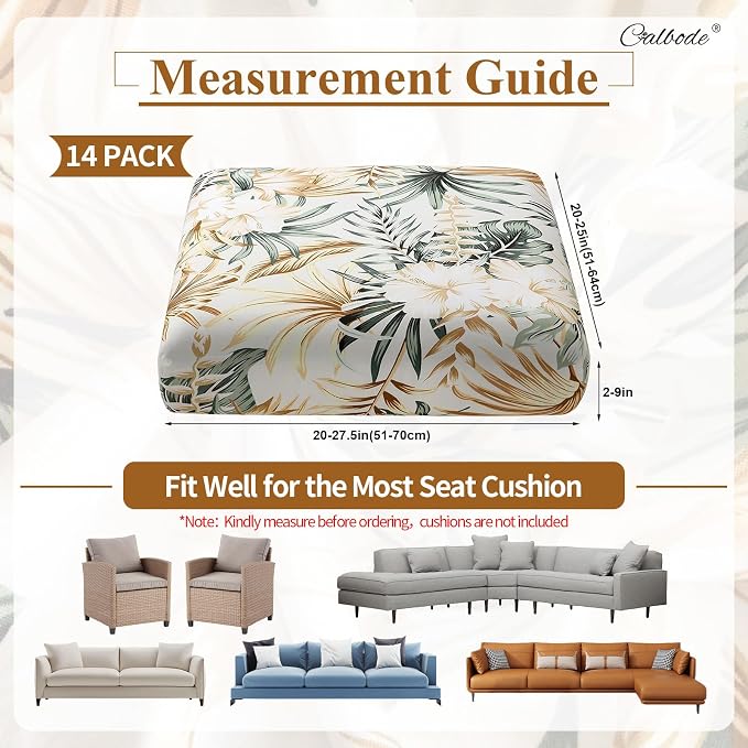 CALBODE 14Pcs Stretch Patio Cushion Cover, Tropical Floral and Leaf Pattern Sofa Covers for Patio Furniture Cushions Washable Reusable Couch Covers Replacement for All Season(Cover Only)