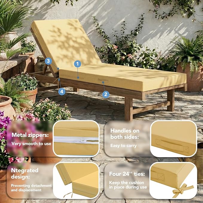 L'AGRATY Outdoor Lounge Chaise Cushion: 72x21x3 Inch Waterproof Lounge Chair Cushion for Outdoor Furniture with Fade Resistant Removable Cover - Patio Lounge Cushions for Pool Lawn Deck(Khaki 2Pcs)