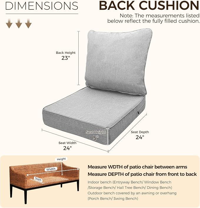 Art Leon Waterproof Outdoor Seat Cushion 24"x 24" 30D High Density Foam Patio Chair Cushions with Non-Slip Backing Patio Cushions for Patio Furniture Porch Swing Garden Bench Camping Stadium Grey