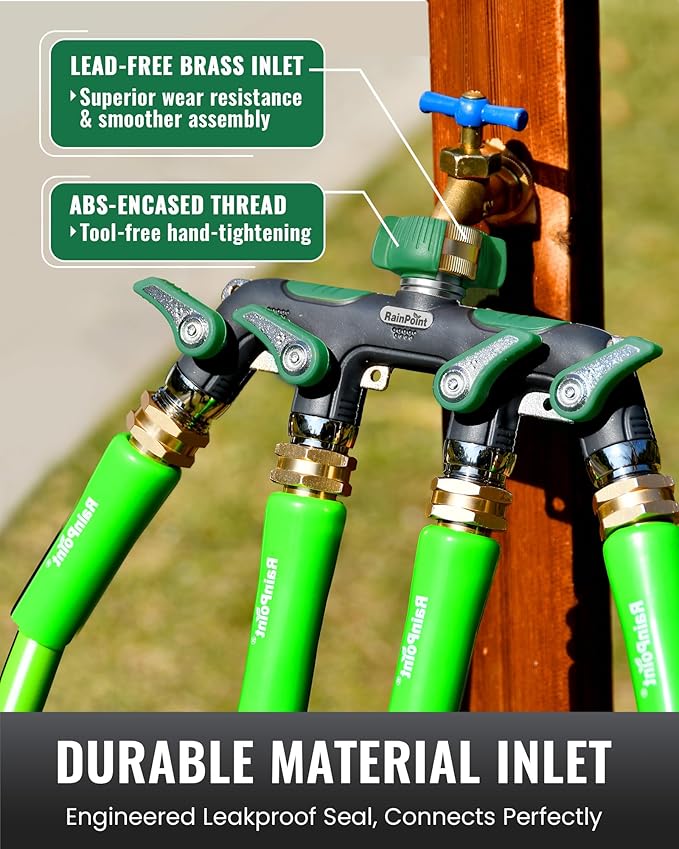 RAINPOINT 4 Way Garden Hose Splitter, 100% Metal Heavy Duty Water Hose Splitter with Individual Shut-Off Valves, 3/4" GHT High Flow Outdoor Faucet Splitter, 1.81" Extra Long Handle (Dark Green)