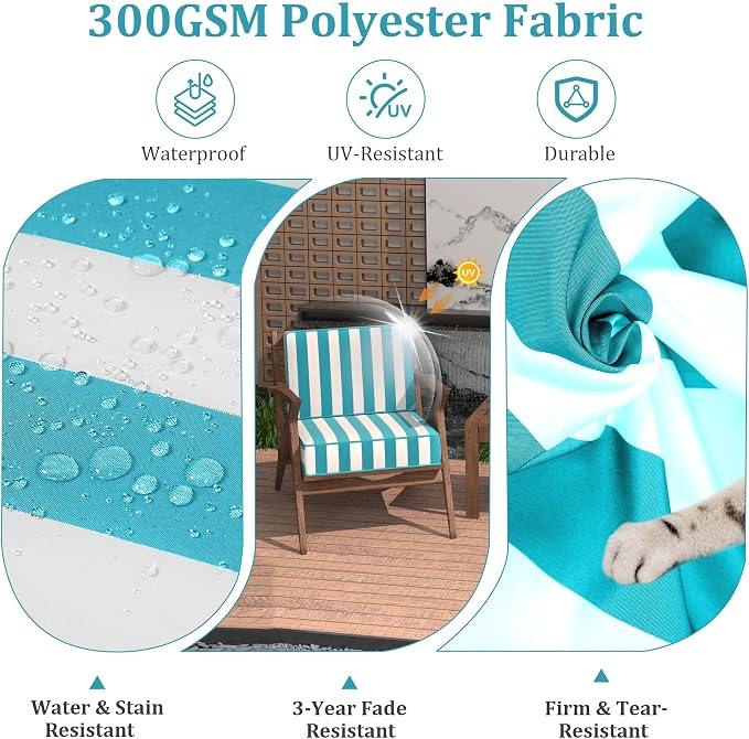 5" Thicker Outdoor Chair Cushions 2 Sets 24" *24" Waterproof Patio Chair Cushions for Outdoor Furniture w/Removable Cover 30D High Density Sponge Filling Thicken Patio Furniture Cushion w/Handle &Ties
