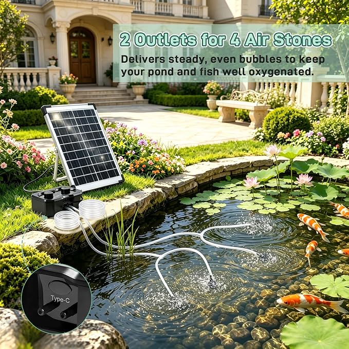 6W Solar Pond Aerator, Solar Air Pump for Pond, Adjustable Aeration Cycle, Dual Air Ports 4 Air Stones for Outdoor Pond Fish Tank Aquarium