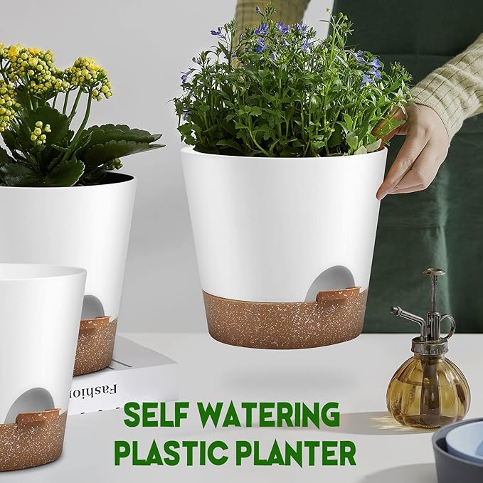 YNNICO Indoor Outdoor Plant Pots- Self Watering Planters with Drainage Holes and Saucers, 9,8, 7.5 Inches, 3 Pots (Snow)