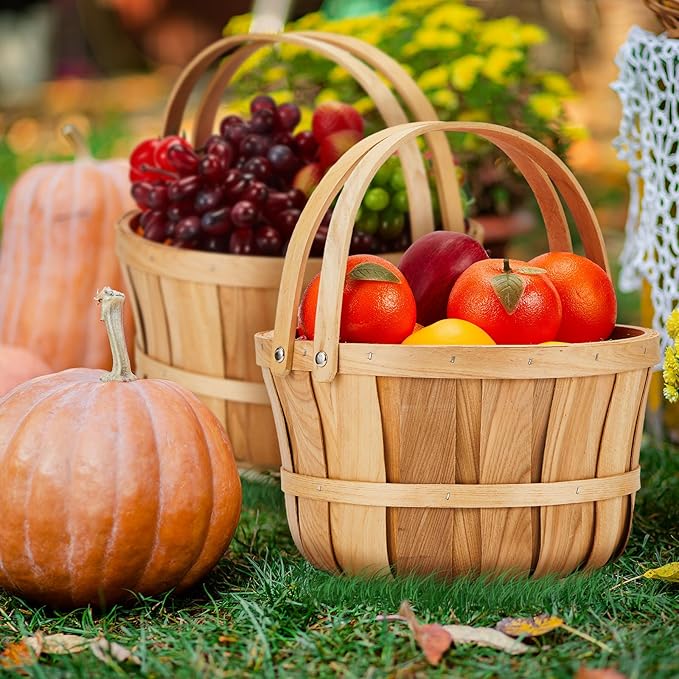 Marsui 6 Pcs Large Wooden Apple Basket 11 x 6.5'' Wicker Fruit Bushel Baskets with Handle for Garden Storage Organizing Farmers Personal or Commercial Use