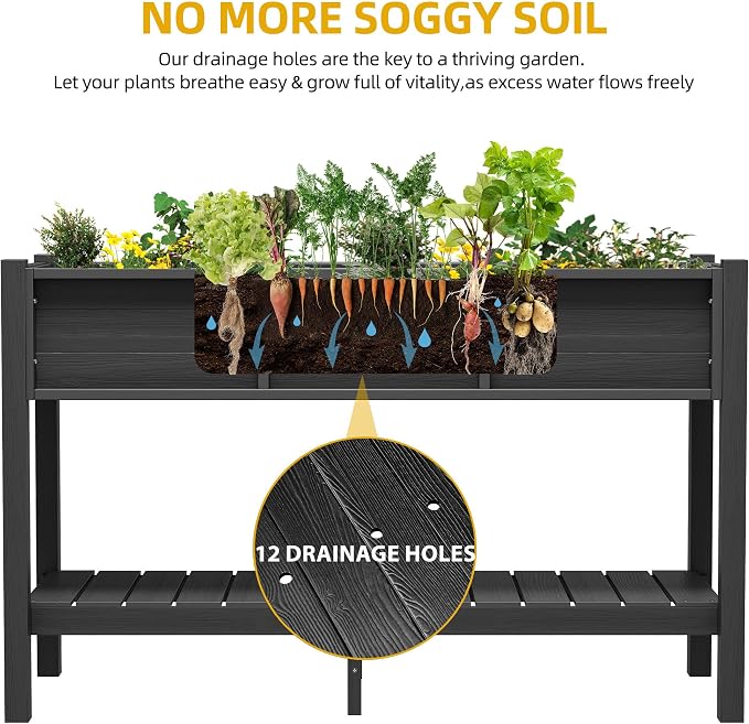 DWVO 48x18x30in Raised Garden Bed Kit, HDPE Planter Box Stand, Poly Wood Weather-Resistant Planter Box with Legs & Storage Shelf, Elevated Garden Bed for Backyard, Patio, Balcony,Black