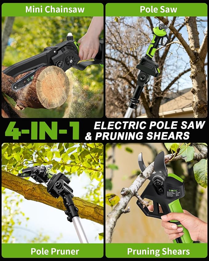 4-in-1 Pole Saw & Electric Pruning Shears, 8 Inch Pole Saws for Tree Trimming, Cordless Pruning Shears with 15ft Max Extension Pole, 2 * 4.0Ah Battery Powered Pole Saw Pole Pruner for Garden