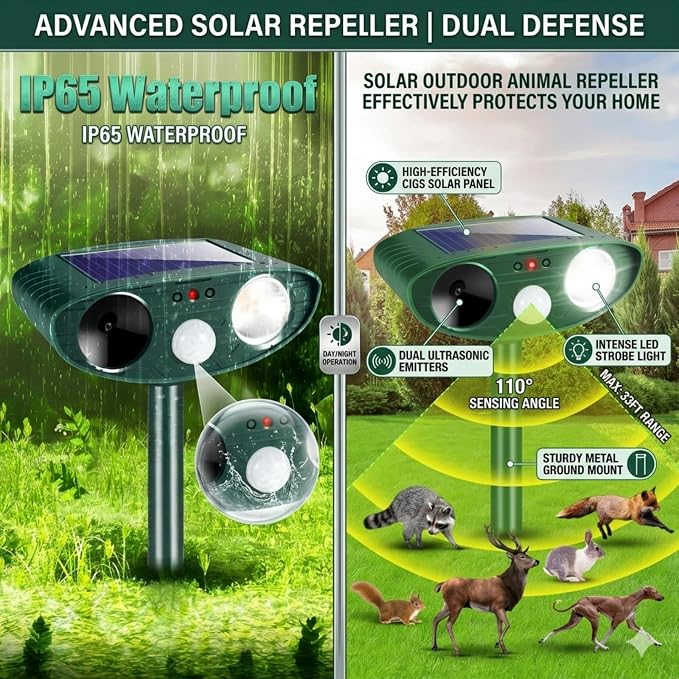 Sonic Fortress Pro Deer Repellent Devices,Sonic Deer Repeller Cat Deterrent Solar Squirrel Rabbit Racoon Repellent Outdoor Ultrasonic Animal Repeller Waterproof with Motion Sensor for Yard Garden