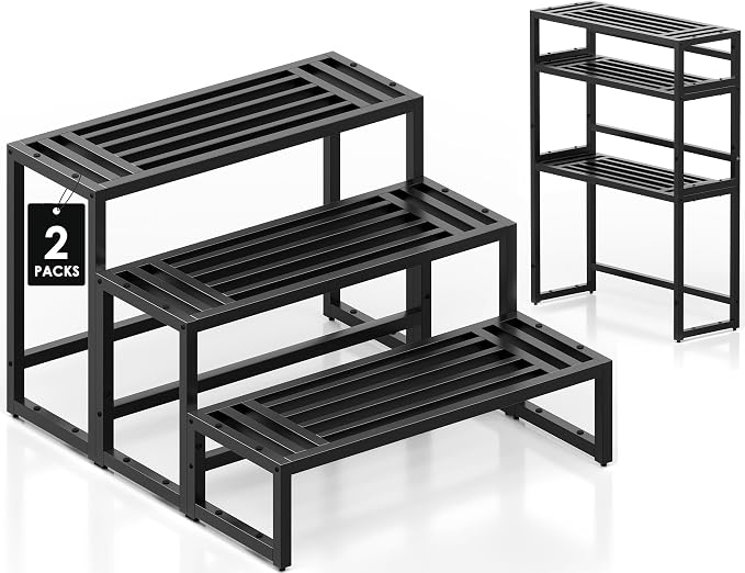 Plant Stand Indoor Outdoor,3 Tier Ladder Metal Plant Stands Riser,Heavy Duty Wrought Iron Plant Shelves for Multi Large Pots,Black Tiered Flower Display Holder for Living Room,Patio,2-Pack