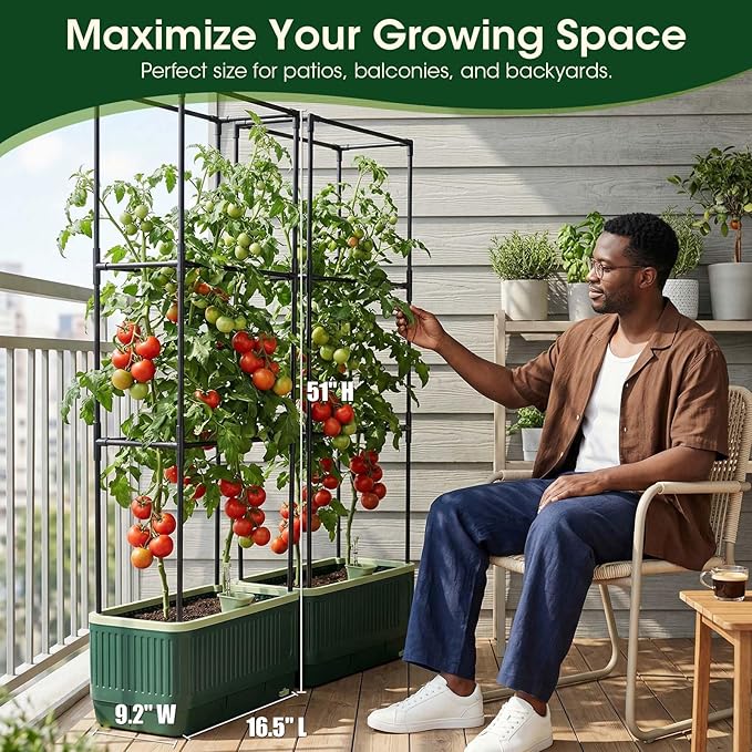 2 Pack 51" Self Watering Planter Box with Trellis, Tomato Planter Trellis for Raised Garden Bed, Tomato Cage with Visual Water Indicator, Indoor Outdoor Tomato Cages for Garden Patio