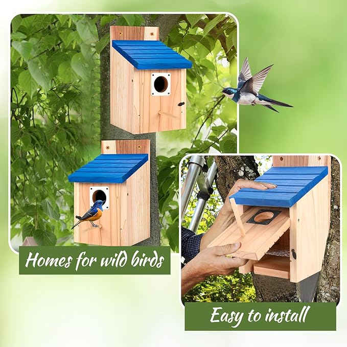 4-Pack Blue Wooden Bird Houses for Outdoors with Predator Guard, Bluebird Houses for Outside – Ideal for Bluebirds & Other Backyard Birds, Blue