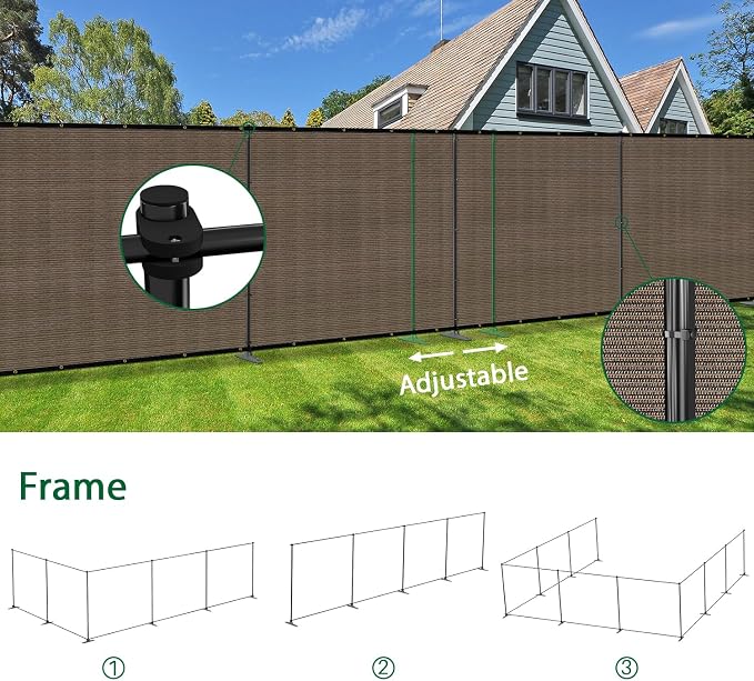 5'Hx84'W Outdoor Freestanding Privacy Screen Fence Panels with Iron Poles, Mesh Shade Net Cover Temporary Fencing for Patio Backyard Garden Deck, Brown