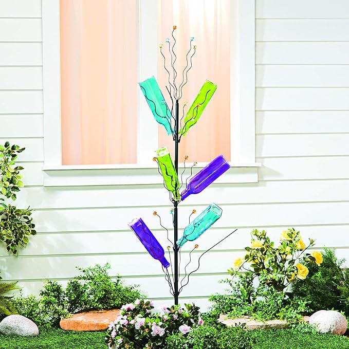 Fun Express Metal Bottle Tree Garden Sculpture - 45 Inch Tall Wine Bottle Display Stand for Outdoor Yard Decorations | Holds Colored Glass, Fruit & Seasonal Ornaments Weather-Resistant Design