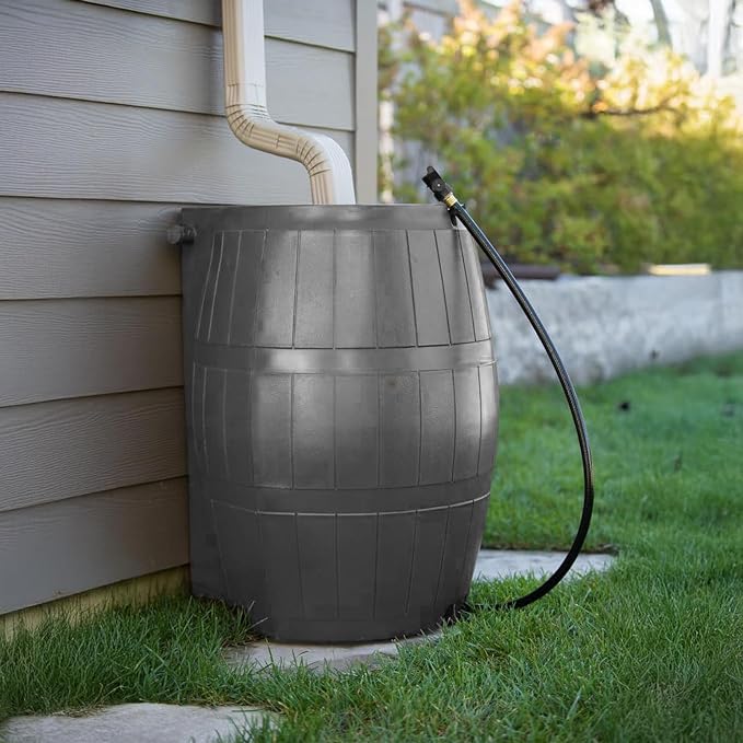 FCMP Outdoor Raincatcher 4000, Flat-Back Rain Water Barrel, 50-Gallon, Gray - Rainwater Collection Storage Container w/Side Spigots, Mesh Screen, Garden and Overflow Hose & Linking Kit