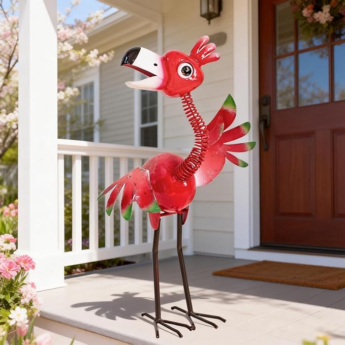 Natelf Funny Outdoor Metal Welcome Flamingo Garden Yard Statue | Waterproof and Rust-proof Whimsical Pink Bird Sculpture for, Porch, Patio, Backyard Decor, 21.46''