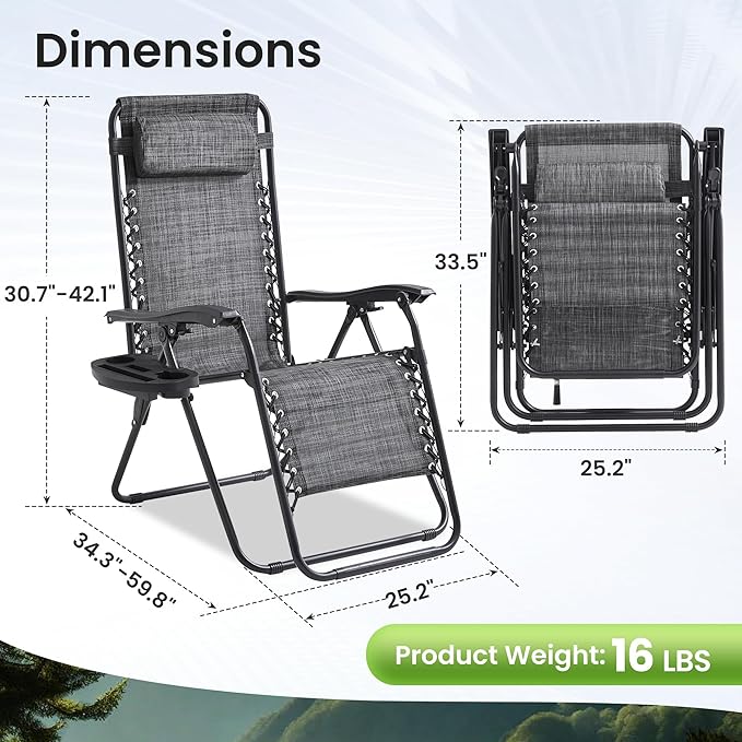 Zero Gravity Chair Set of 4 Oversized Folding Recliner, Padded Anti Gravity Lounge Chair with Adjustable Pillow & Cup Holder for Outdoor Camping, Patio, Poolside, Lawn (Gray)