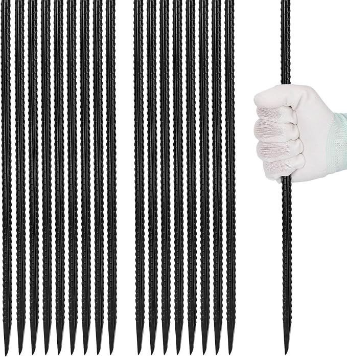 Homwin 16 inches Rebar Stakes 18-Pack Heavy Duty Ground Stakes Rebar Spikes Garden Stakes Metal Steel Stake for Concrete and Timber Straight Black