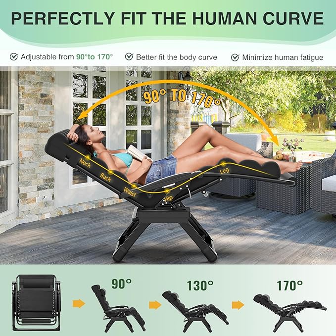 Suteck Oversized Zero Gravity Chair,33In XXL Lounge Chair w/Removable Cushion&Headrest, Reclining Camping Chair w/Upgraded Lock and Footrest, Reclining Patio Chairs Recliner for Indoor Outdoor,500LBS