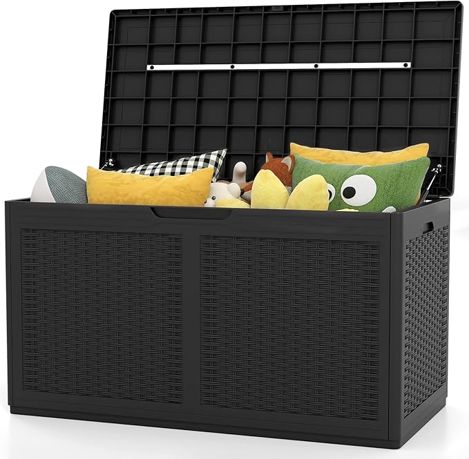 Moccha 100-Gallon Outdoor Storage Box - Waterproof Resin Deck Box with Lockable Lid & Wheels, Faux Rattan Outdoor Storage Bench for Pool Accessories, Garden Tool, Patio Furniture Cushion (Black)