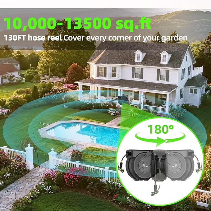 Retractable Garden Hose Reel 1/2 in x130 ft, Heavy Duty Wall Mounted Hose Reel with 7- Function Sprayer Nozzle, Any Length Lock/Automatic Slow Return System,180° Swivel Bracket