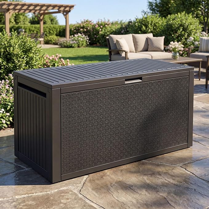 YITAHOME 90 Gallon Outdoor Storage Deck Box, Waterproof Resin Deck Box w/Handles, Lockable Outdside Deck Box for Patio Furniture, Garden Tools, Lockable & UV Resistant(Black)