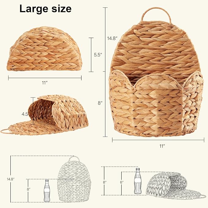 2 PC Door Basket Scalloped Hanging Storage Basket,Water Hyacinth Woven Wall Baskets for Front Door Decor, Hangable Storage Organize for Flowers,Planter,Mails,Wicker Baskets for Organizing -Braided & L