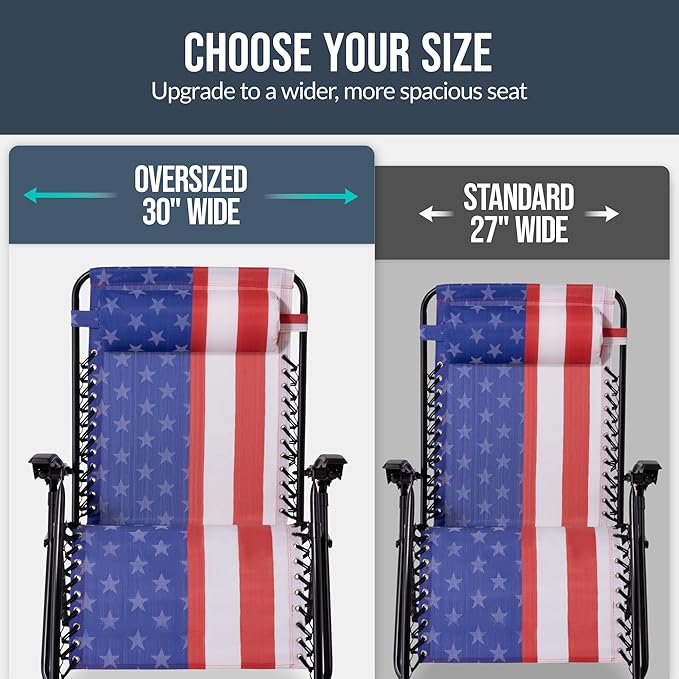 Best Choice Products Set of 2 Extra Wide Adjustable Steel Mesh Zero Gravity Lounge Chair Recliners w/Pillows and Cup Holder Trays - American Flag