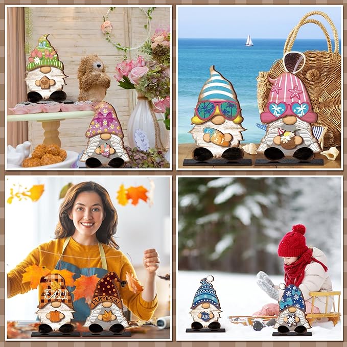 68 Pcs Seasonal Interchangeable Wooden Gnome Decor Farmhouse Holiday 2 Pcs Gnome Standing Centerpieces Decoration with 2 Wooden Bases 64 Detachable Hats Magnet Pieces for DIY Holiday Decorations