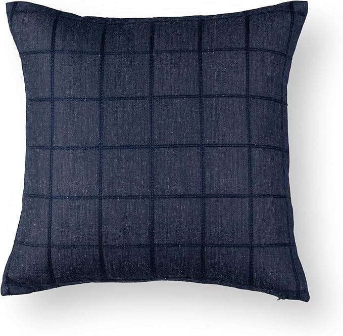 Crumbs Home Coastal Linen Indoor Outdoor Throw Pillow Cover Only, 22"x22" Water Repellent for Patio, Backyard, Couch, Dark Navy Plaid