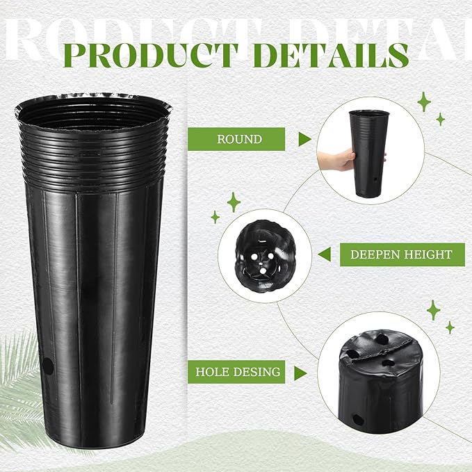 100 Pack Tall Tree Pot 9.8'' x 4.7'', Black Plastic Deep Nursery Pots, Soft Deep Seedling Pots for Seed Starting, Plant Starter Cups with Drainage Holes for Flowers, Cuttings Transplanting