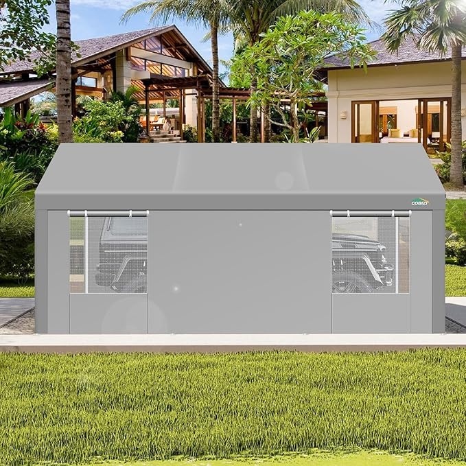 COBIZI 10x20ft Carport Heavy Duty, Portable Garage with Removable Sidewalls, Ventilated Windows & Built-in Sandbags, Waterproof Car Canopy for Truck, Boat with All-Season Tarp, Gray