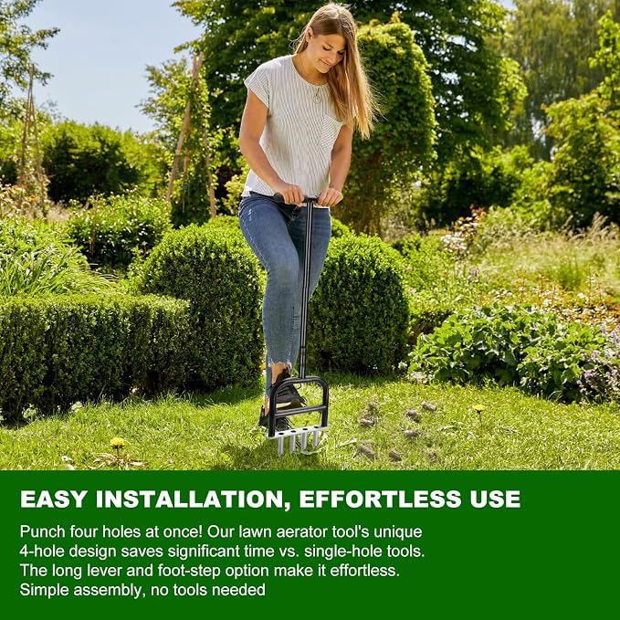 Lawn Core Aerator Tool Coring Grass Aerator Lawn Tool 4 Hollow Tines for Efficient Aeration Heavy Duty Steel Manual Plug Aerator for Lawn Care/Yard Soil Loosening/Grass Maintenance (Silvery) (Black)