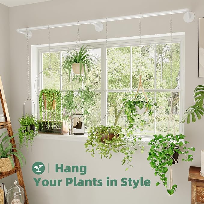 Galood Plant Hanger Indoor with 6 Hanging Chains Hanging Planters for Indoor Plants Hanging Plant Holder Window Plant Shelves White Metal Rod(Pot not Included