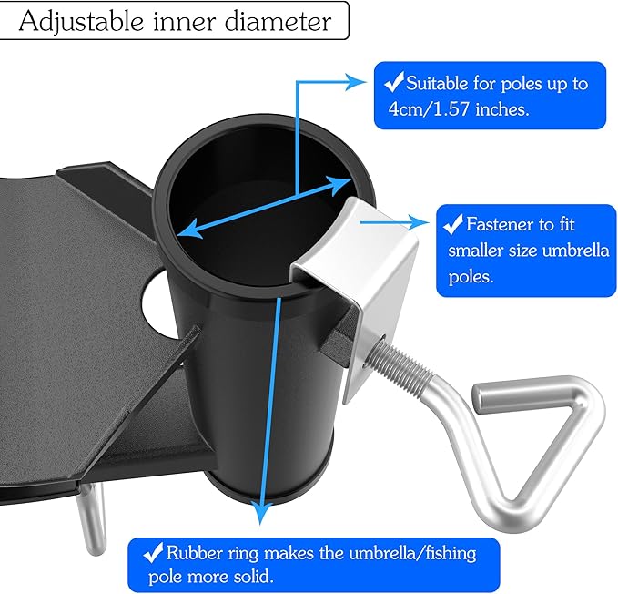 Outdoor Umbrella Clamp, Stainless Steel Umbrella Holder, Adjustable Deck Umbrella Mount with Umbrella Hook Accessory Mount for Picnic Table, Bleachers, Railing (Black)